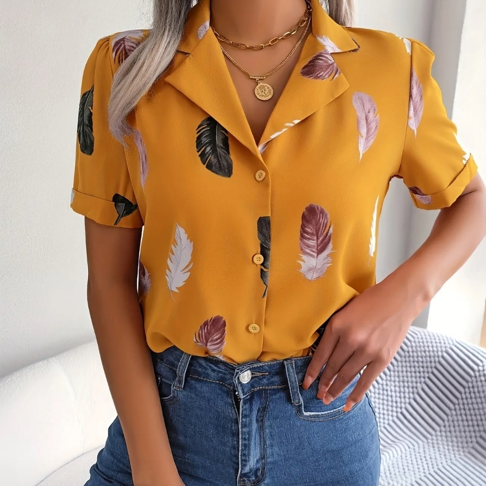 Women's Mustard Feather Print Blouse